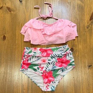 Pink Floral flowy Bikini high ruched waisted tankini NWOT Small women’s swim